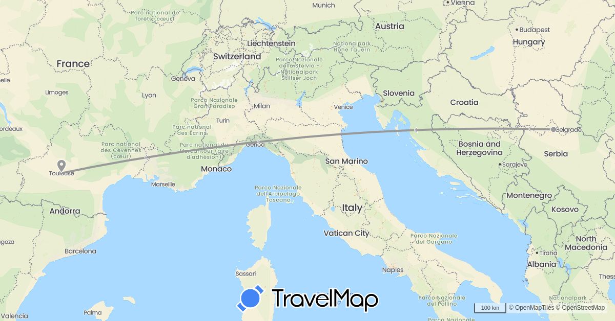 TravelMap itinerary: driving, plane in France, Serbia (Europe)
